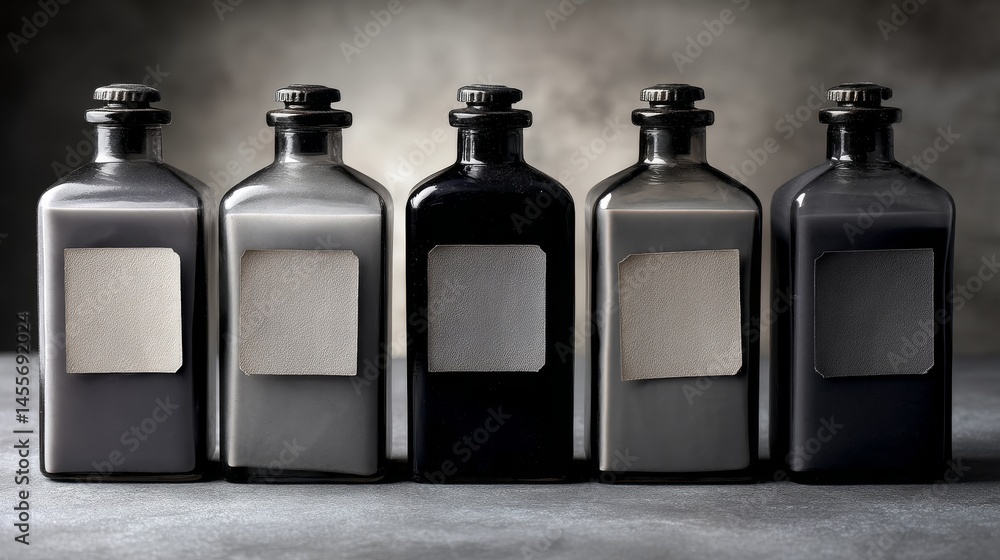 Leinwandbilder Row of eco-friendly glass bottles featuring blank labels is set against a textured slate gray surface, creating a versatile backdrop for branding or design
