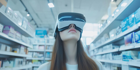 woman using virtual reality headset in modern retail store aisle with products.