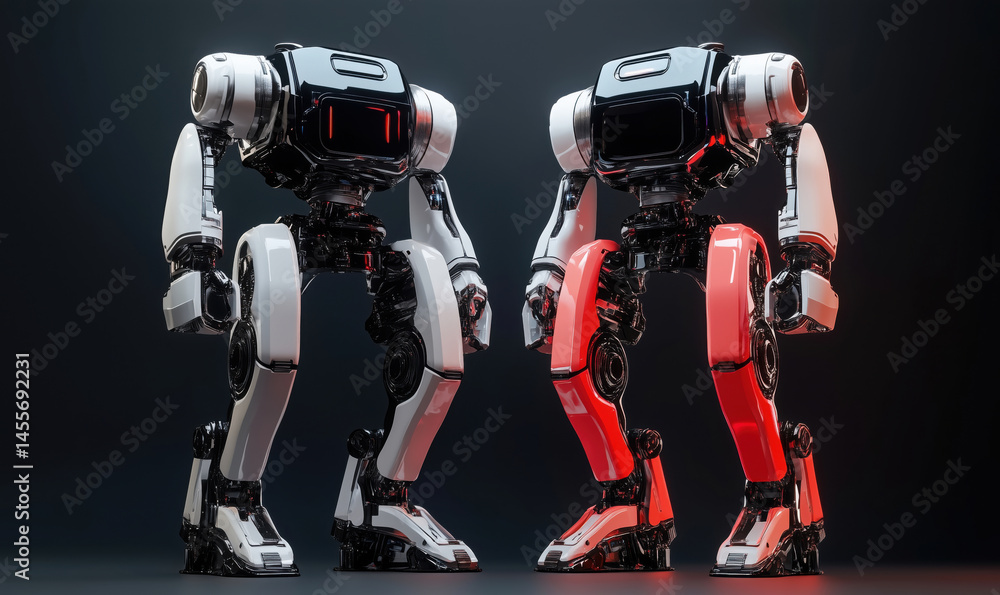 Poster futuristic humanoid robots with sleek designs and contrasting colors in a modern setting.