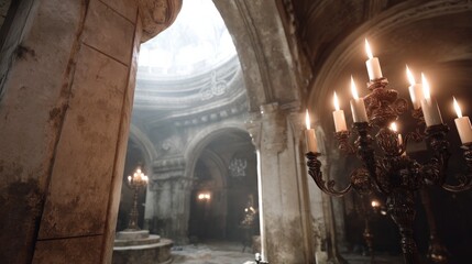 Fototapeta premium Intricately designed wrought-iron candelabra illuminates a historic space, highlighting the detailed carvings of the arched stone ceiling above