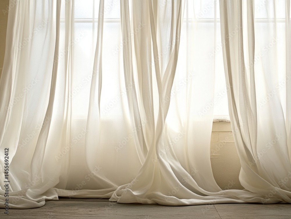 Poster soft light filtering through sheer curtains creating a serene and peaceful atmosphere indoors
