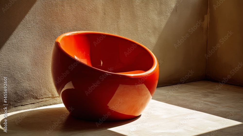 Poster a coral scoop chair with clean lines and glossy finish sits against a taupe wall, showcasing modern 