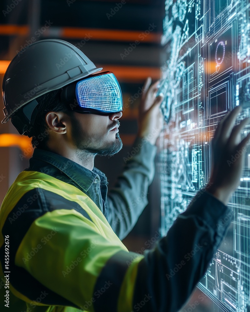 Poster worker in safety gear interacts with high-tech interface displaying digital blueprints in a modern i