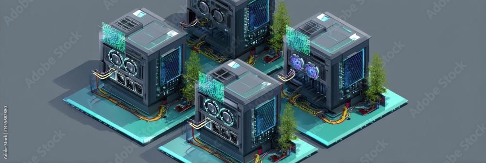 Poster high-tech isometric server farm with advanced cooling systems and intricate cable arrangements under