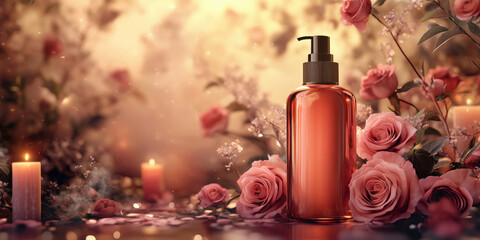 Elegant rose-scented lotion bottle surrounded by blooming roses and soft candlelight.