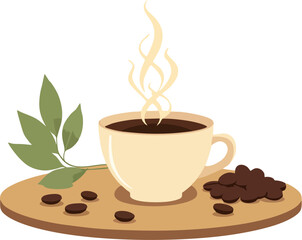 Flat Vector Illustration of Steaming Coffee Cup with Coffee Beans and Green Leaves on Wooden Table – Minimalist Morning Cafe Concept