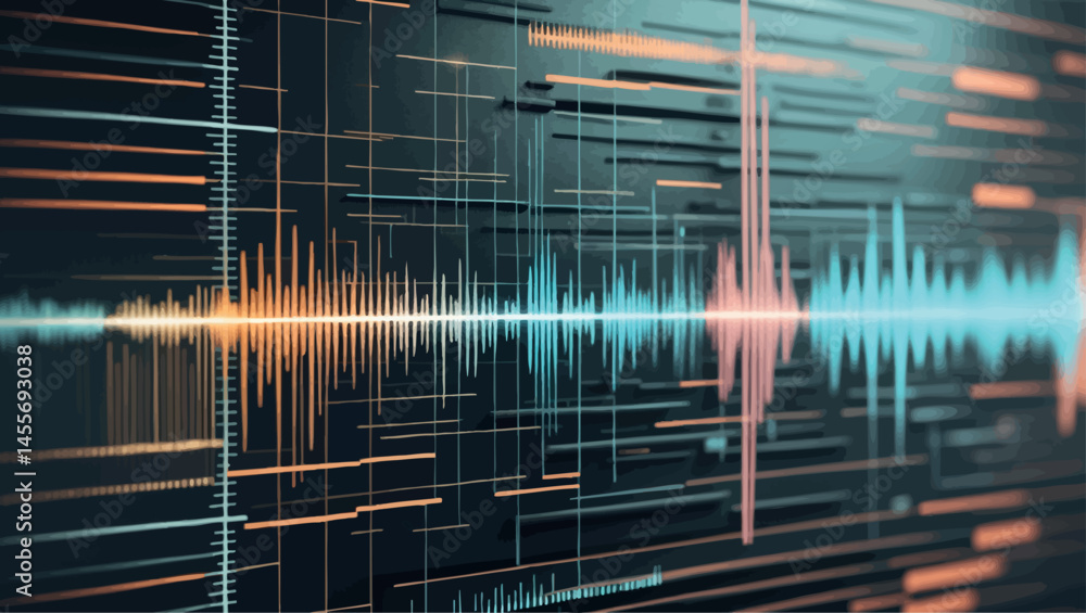 Poster retro audio waveform abstract engraving background with vintage frequency style