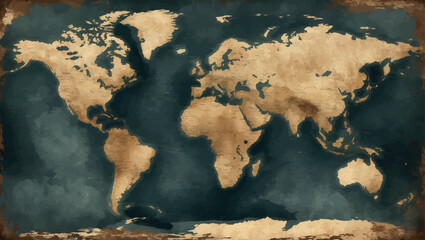 Antique world map vintage background with sepia and textured paper style