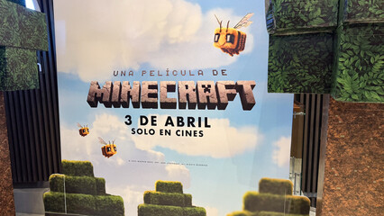 Fototapeta premium Guayaquil, Ecuador – April 3, 2025: Movie poster for the Minecraft film, part of the boom in adapting popular video games for the big screen to attract young audiences.
