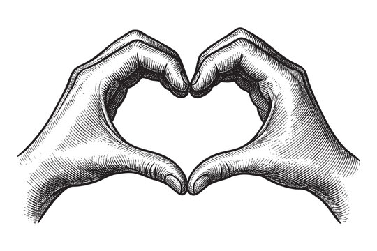 Hands Forming a Heart woodcut engraving vector illustration