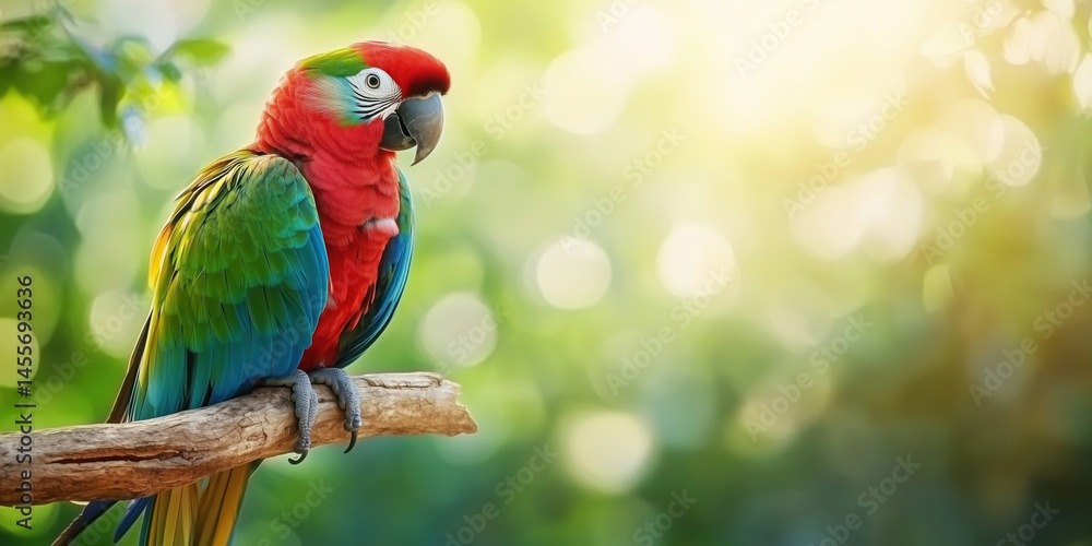 Poster colorful macaw perched on branch in vibrant natural setting with soft bokeh background.
