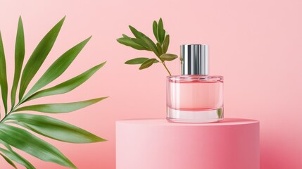 Elegant beauty product mockup scene with pink glass pedestal on pastel background