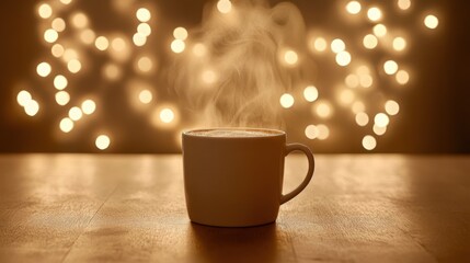 Warm coffee cup with golden bokeh lights background