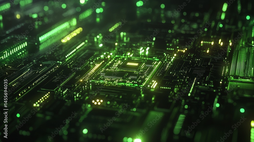 Poster close-up view of electronic circuit board showcasing intricate details with glowing components