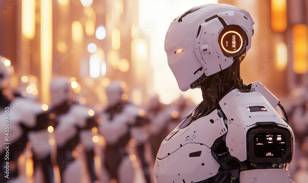 Poster futuristic humanoid robots in a high-tech urban environment with glowing details.