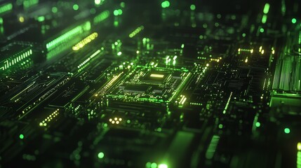 Fototapeta premium Close-up View of Electronic Circuit Board Showcasing Intricate Details With Glowing Components