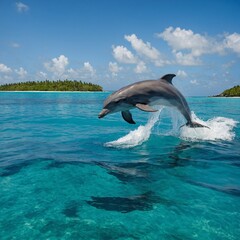 Fototapeta premium A dolphin leaping above crystal-clear turquoise ocean waves with a tropical island in the background