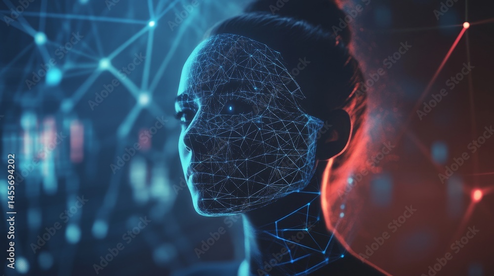 Poster digital face mapping technology showcases intricate data visualization overlaying a person?s profile