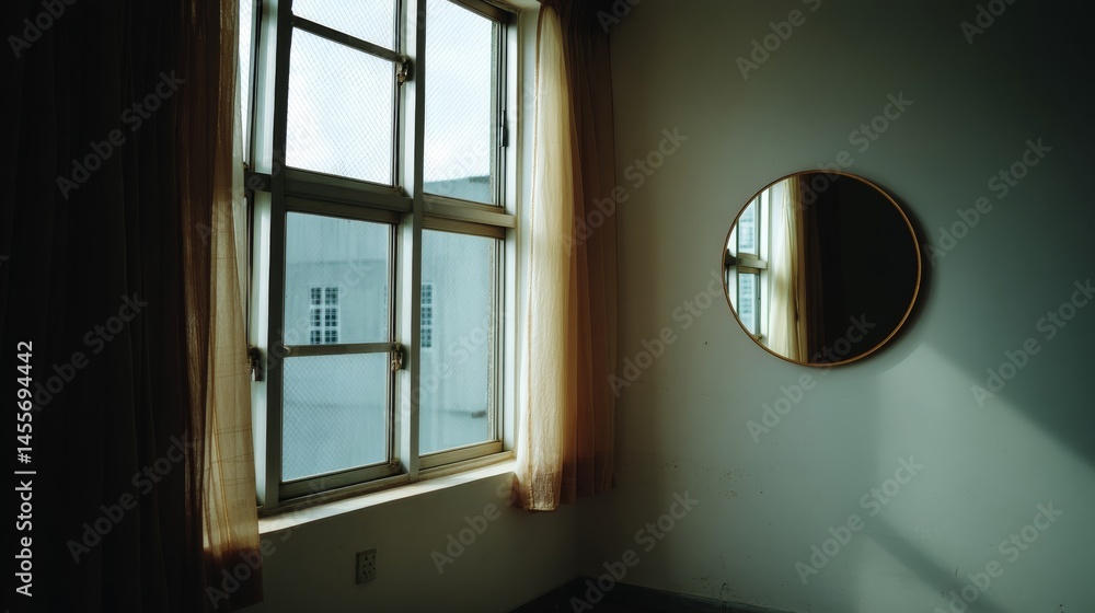 Poster An oval mirror softly glows against a white wall, creating a serene atmosphere in a minimalist space with natural light streaming through a window