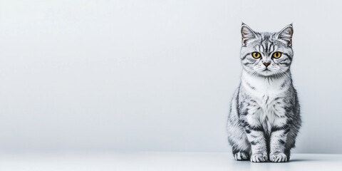 Gray tabby cat with striking yellow eyes posing against a minimalist background.