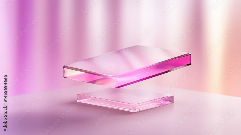 Poster floating pink translucent display base on gentle pink background with smooth textures