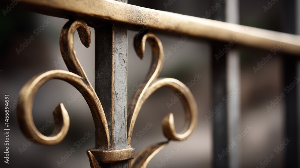 Aufkleber Soft warm light enhances the detailed brass lattice featuring elegant vine patterns, creating a decorative vibe with ample copy space on the right side