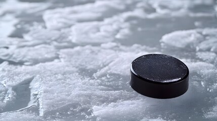 A black hockey puck sits on a textured ice surface