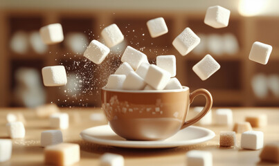Floating sugar cubes above a cup creating a whimsical dessert scene.