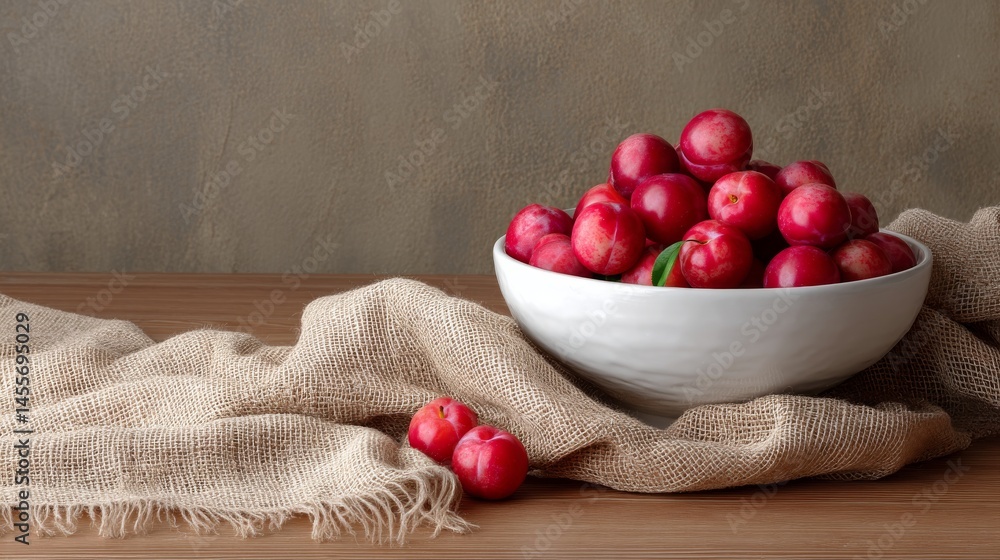 Leinwandbilder Sunlit plums overflow from a white stoneware bowl, creating a vibrant display against textured burlap, adding warmth to the rustic setting