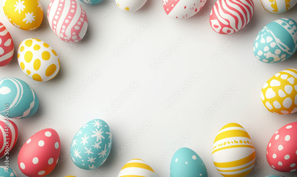 Poster colorful easter eggs arranged in a circular pattern on a light background.