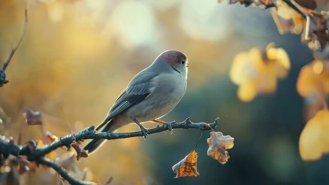 Small bird and sparrow perched on tree branch with autumn leaves, soft sunlight, and warm tones create peaceful, natural wildlife and animal atmosphere in outdoors nature scene