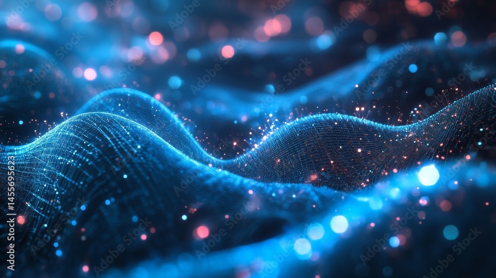 Poster abstractions of flowing light through vibrant particles creating serene waves of color in dark space