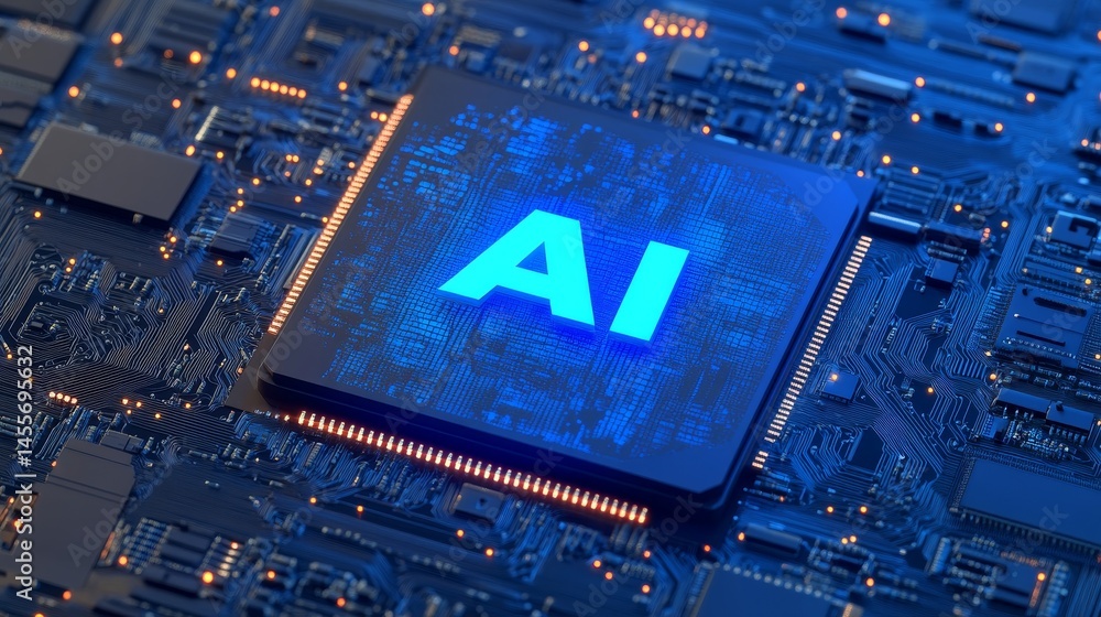 Poster technology powers future with ai chip on circuit board illuminated in blue during nighttime