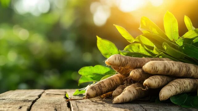 Roots are gathered on a wooden surface, surrounded by vibrant green leaves under warm sunlight
