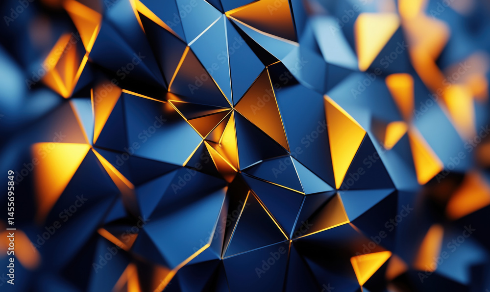 Poster abstract geometric background with blue and orange triangular shapes and reflections.
