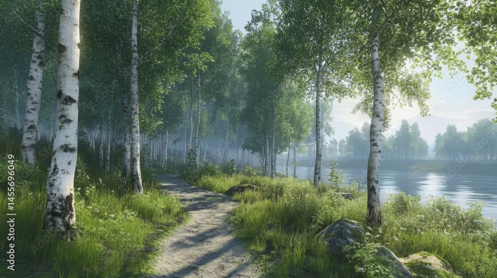 Aufkleber beautiful birch forest with soft sunlight filtering through trees in the early morning, creating a s