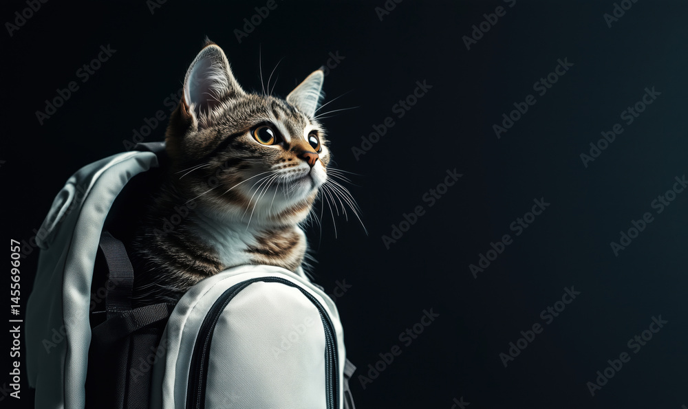 Poster cat peeking out from stylish backpack with a curious expression in low light setting.