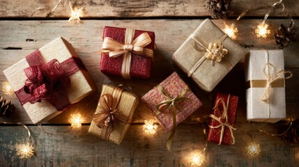 Fototapeta premium Festive Christmas gift boxes with red and gold wrapping on a wooden table, evoking warmth and holiday joy 