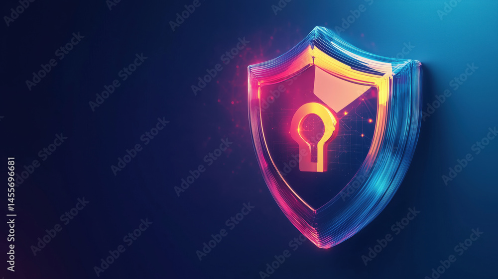 Poster digital security shield with lock symbol representing cybersecurity and data protection.