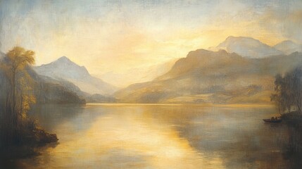 Fototapeta premium Serene Golden Landscape With Gentle Hills and Distant Mountains at Sunrise Viewed From a Peaceful Valley