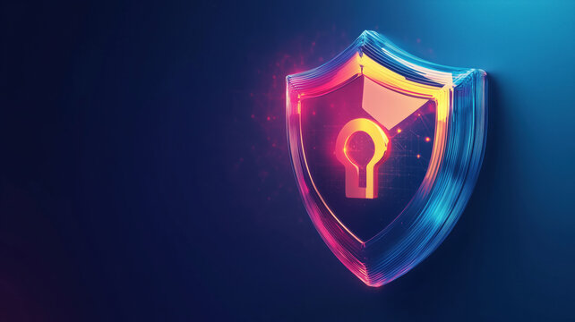 Digital security shield with lock symbol representing cybersecurity and data protection.
