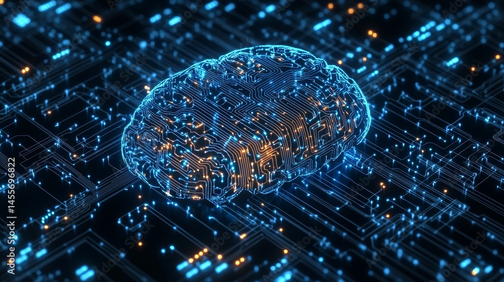 Poster artificial intelligence concept showcasing a glowing brain made of circuit patterns, representing te
