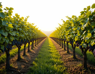 Walking Through Vineyard Rows with Ripe Grapes at Sunset