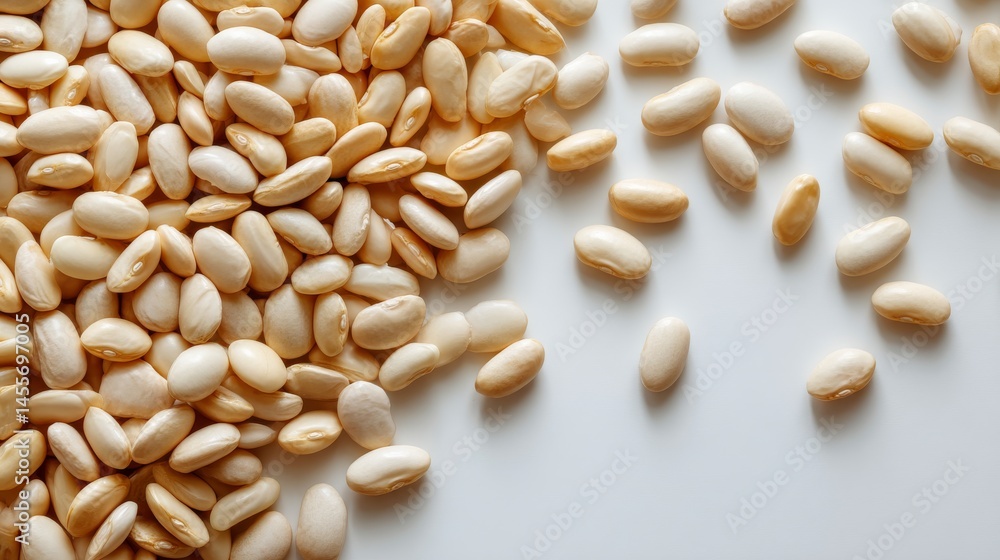 Aufkleber Uncooked white beans are scattered randomly to form a dense texture on a white background, providing an ideal setting for adding text or graphics