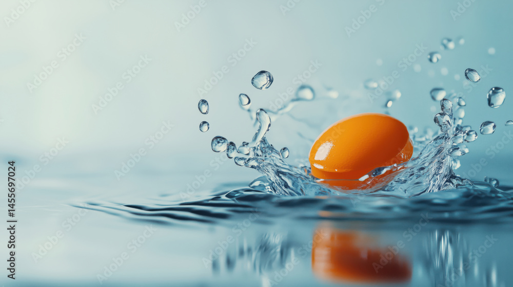Poster orange egg yolk splashing in water creating dynamic ripples and droplets.