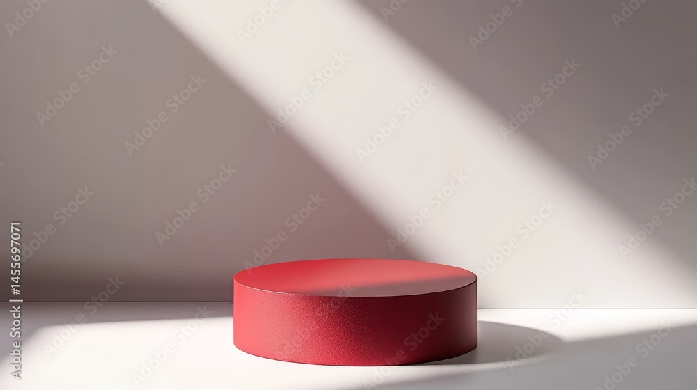 Poster circular red platform casting a shadow in a minimalistic indoor setting during daylight