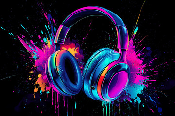 Vibrant headphones surrounded by colorful splashes of paint, showcasing creativity and music