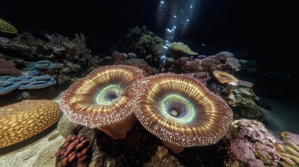 Two vibrant coral anemones in a coral reef ecosystem