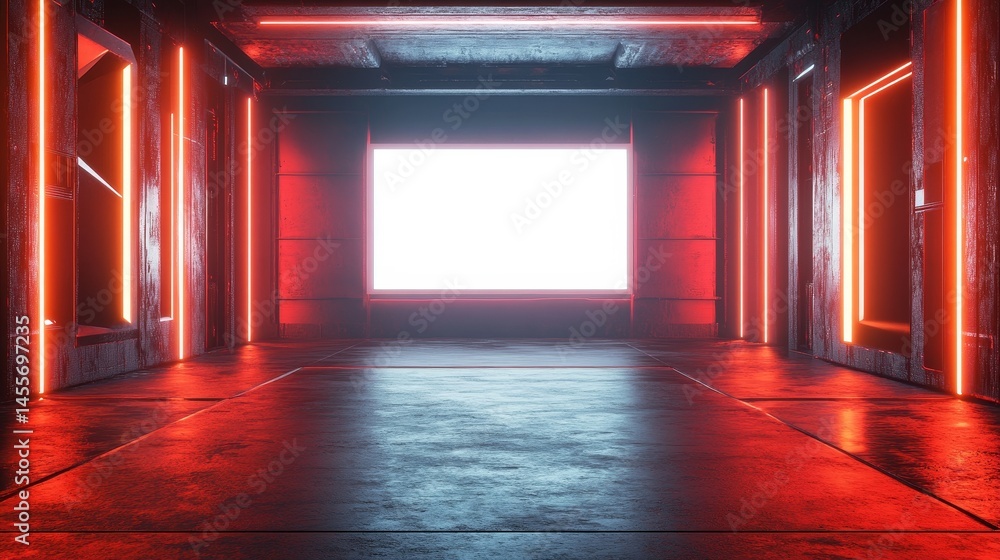 Poster modern empty space with glowing red lights and a large white screen in a darkened room suitable for 