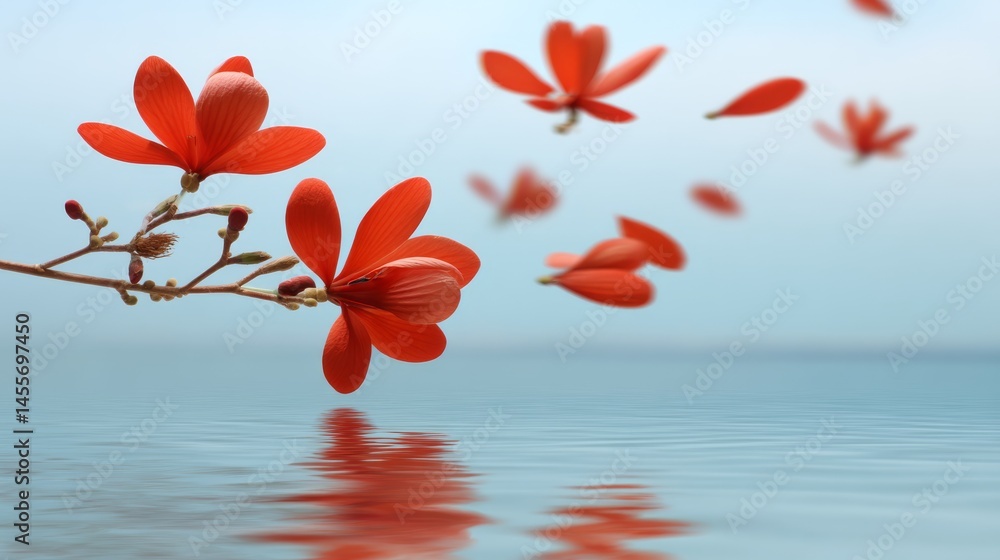 Aufkleber Red flower petals and blossoms hover weightlessly above a serene backdrop, allowing for creative design opportunities with clear space for text on the left